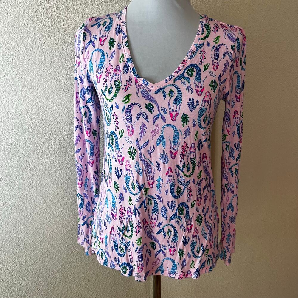 Lilly Pulitzer pink mermaid seaweed v neck long sleeve pajama T-shirt SMALL